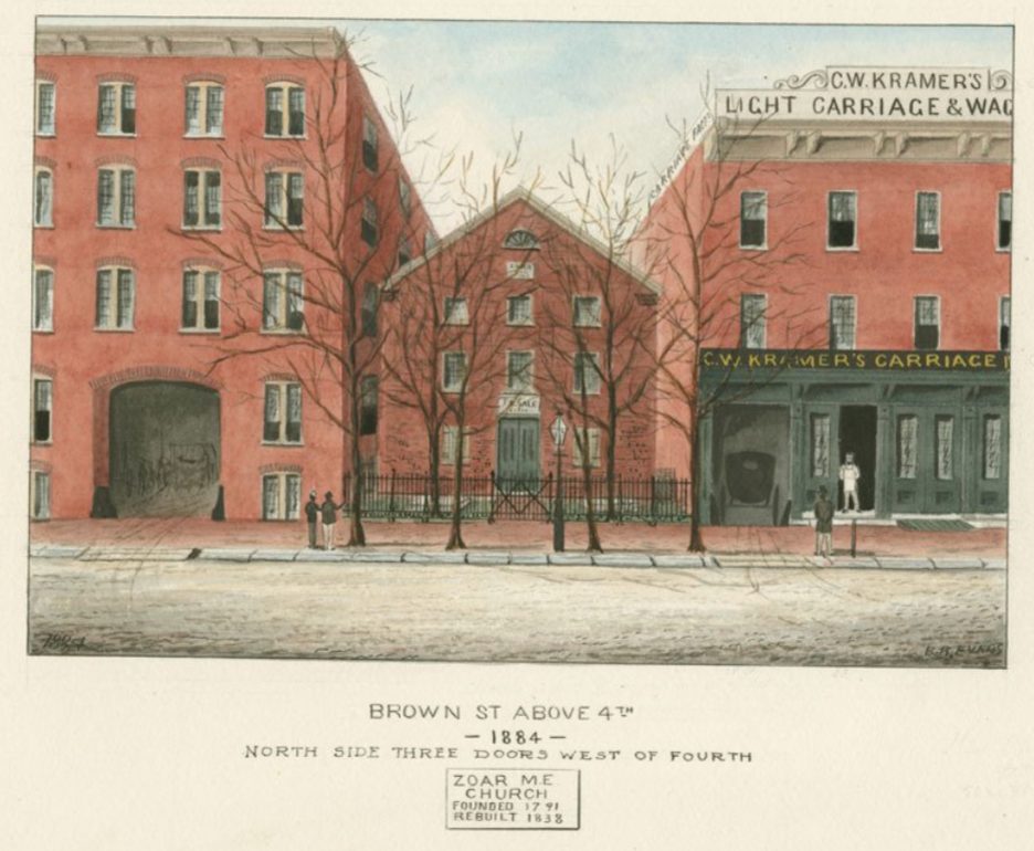 African Zoar Methodist Episcopal Church and Sabbath school in 1884. Courtesy, Library Company.