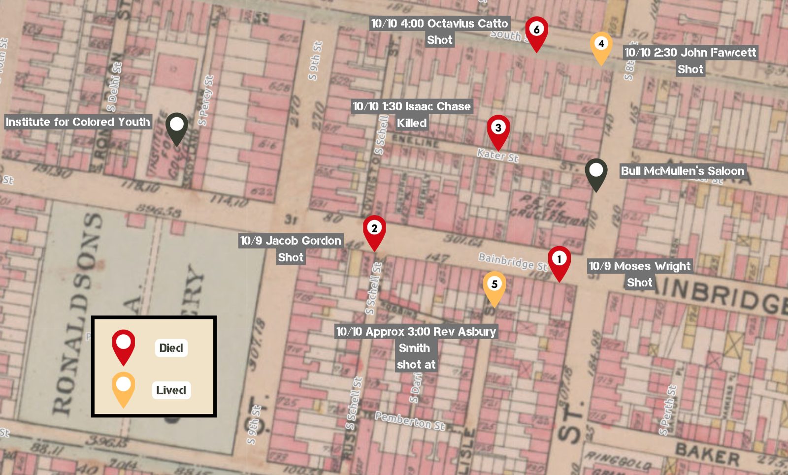 Map of shootings of Black by Bull McMullen aligned white men on October 9 and 10, 1871.