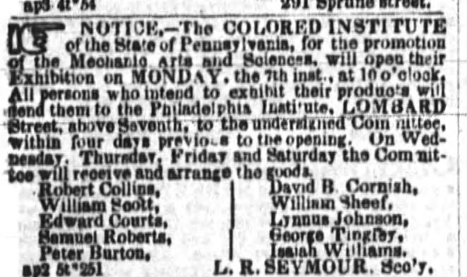 Add for submissions to the fair, April 5, 1851 Public Ledger. Courtesy Newspapers.com
