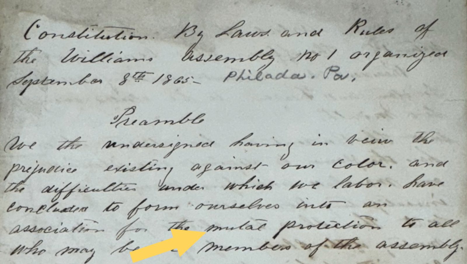 Constitution of the Wililams Assembly, Dorsey Collection. Samuel Williams file. Cheyney University.