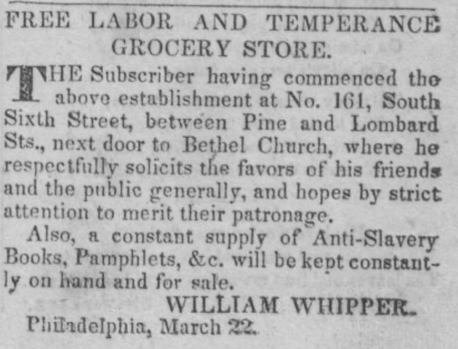 Whipper advertises his store in the April 5, 1834 Liberator. Courtesy Library of Congress