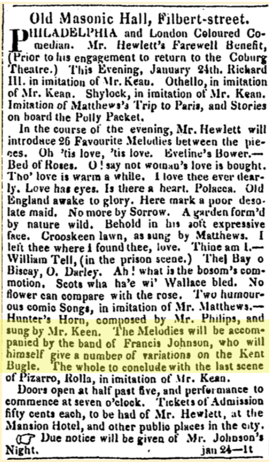 Hewlett's ad for his final performance in Philadelphia with Johnson's Band.