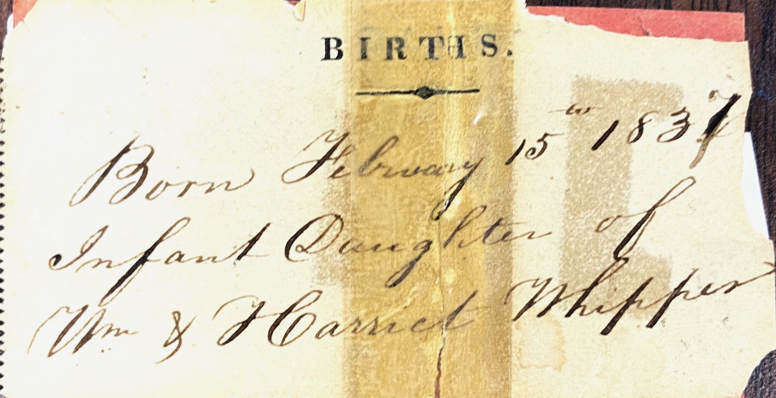 Birth note for William and Harriet Whipper, Courtesy Chatham Kent Black Historical Society and Black Mecca Museum, Chatham Kent, Ontario