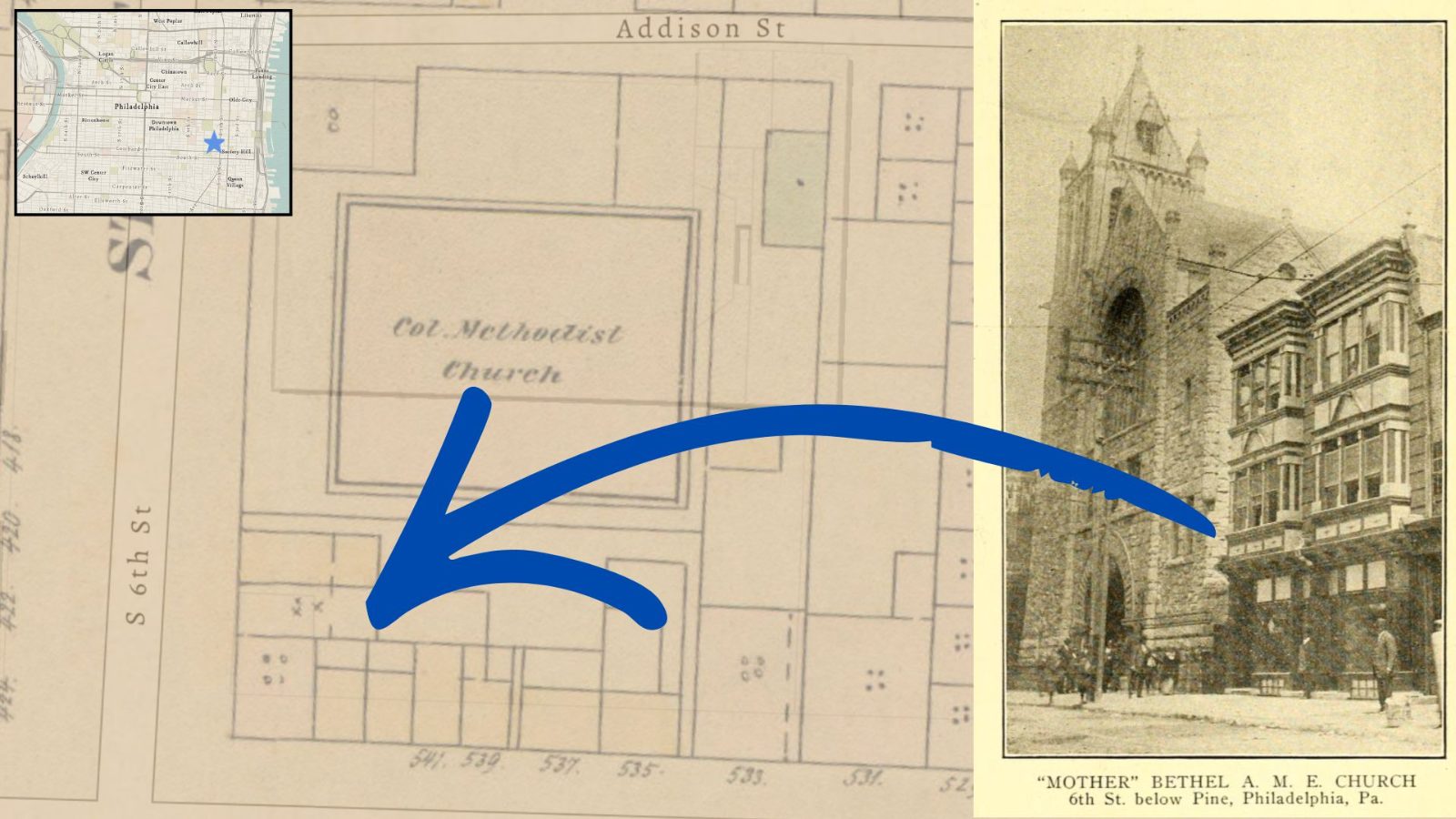 Site of William Whipper's Store "Next to Bethel Church". The picture on the right is from the late 1880s. The church building was upgraded by this time. And the two building to the right of the church are now a parking lot. The first floor of these buildings is most likely where Whipper's store was.