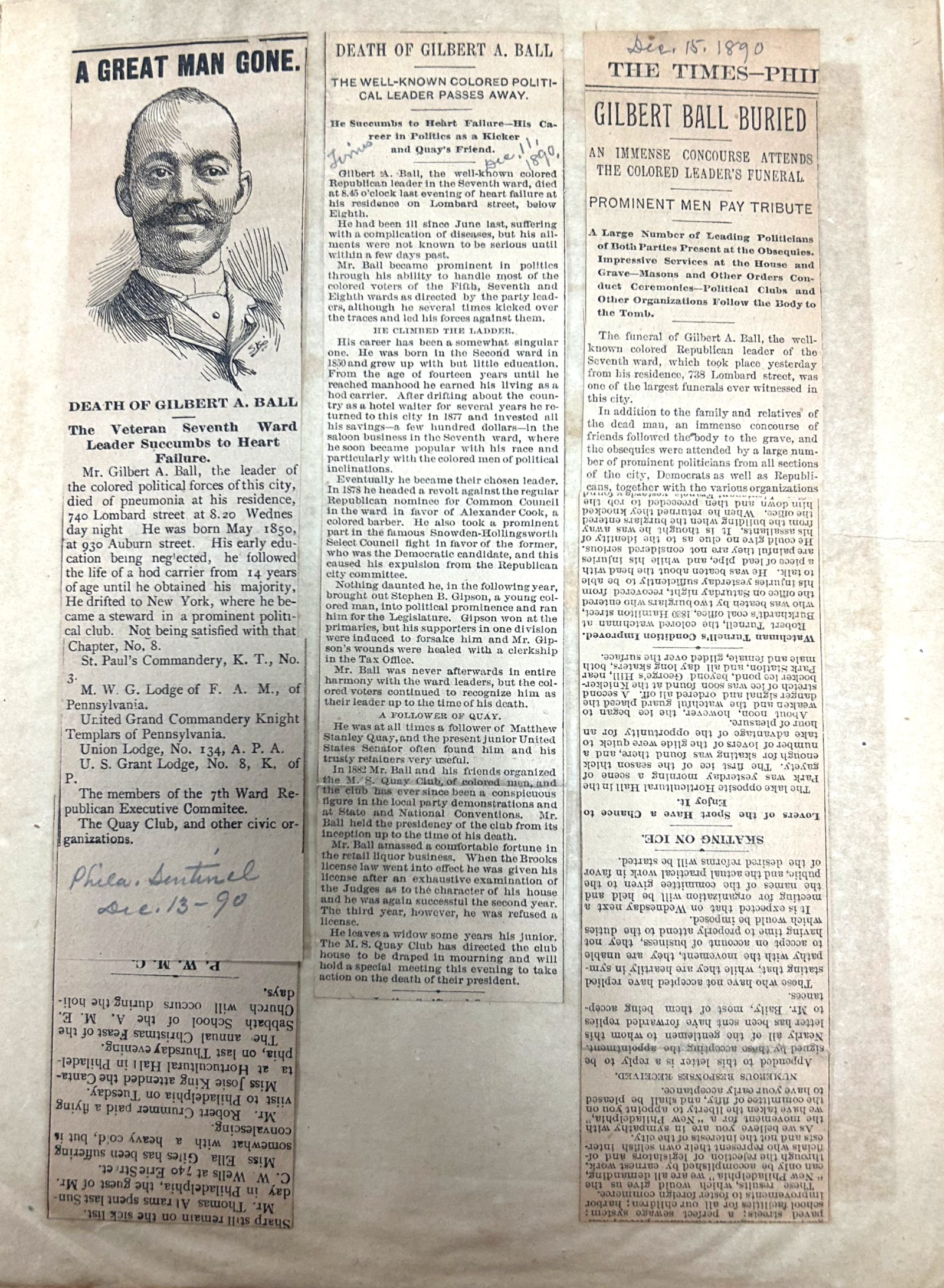 Gilbert Ball Obituaries from William Dorsey's file on Gilbert Ball, Courtesy Cheney University Dorsey Collection