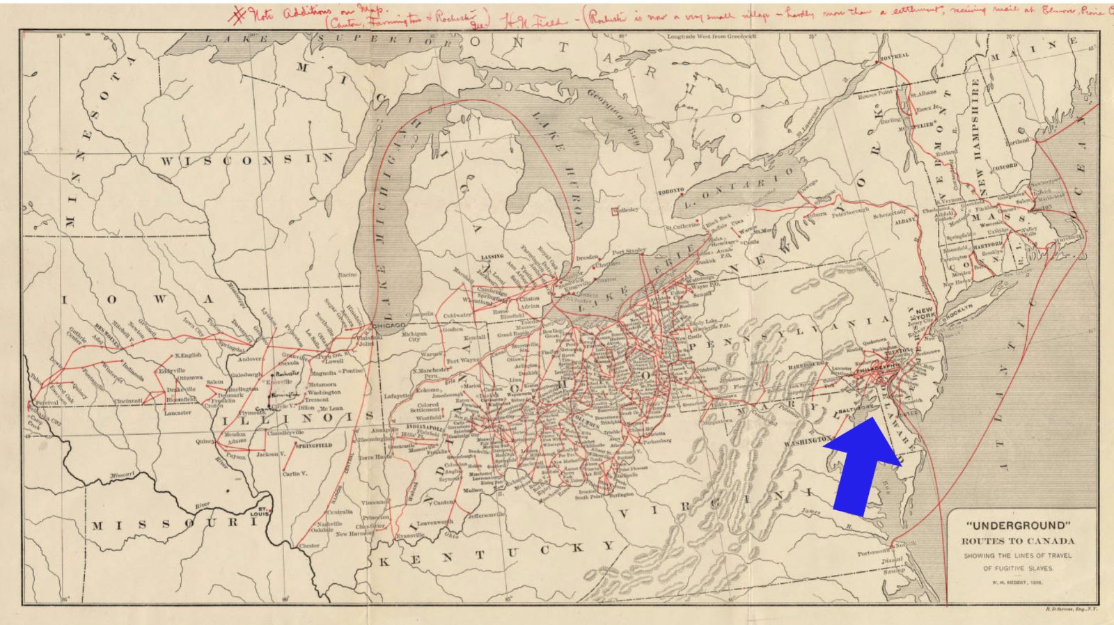 In this Seibert mapping of Underground Railroad routes we can see how the routes converge and become dense in the Philadelphia region. Courtesy Wilber H. Siebert Underground Railroad Collection.