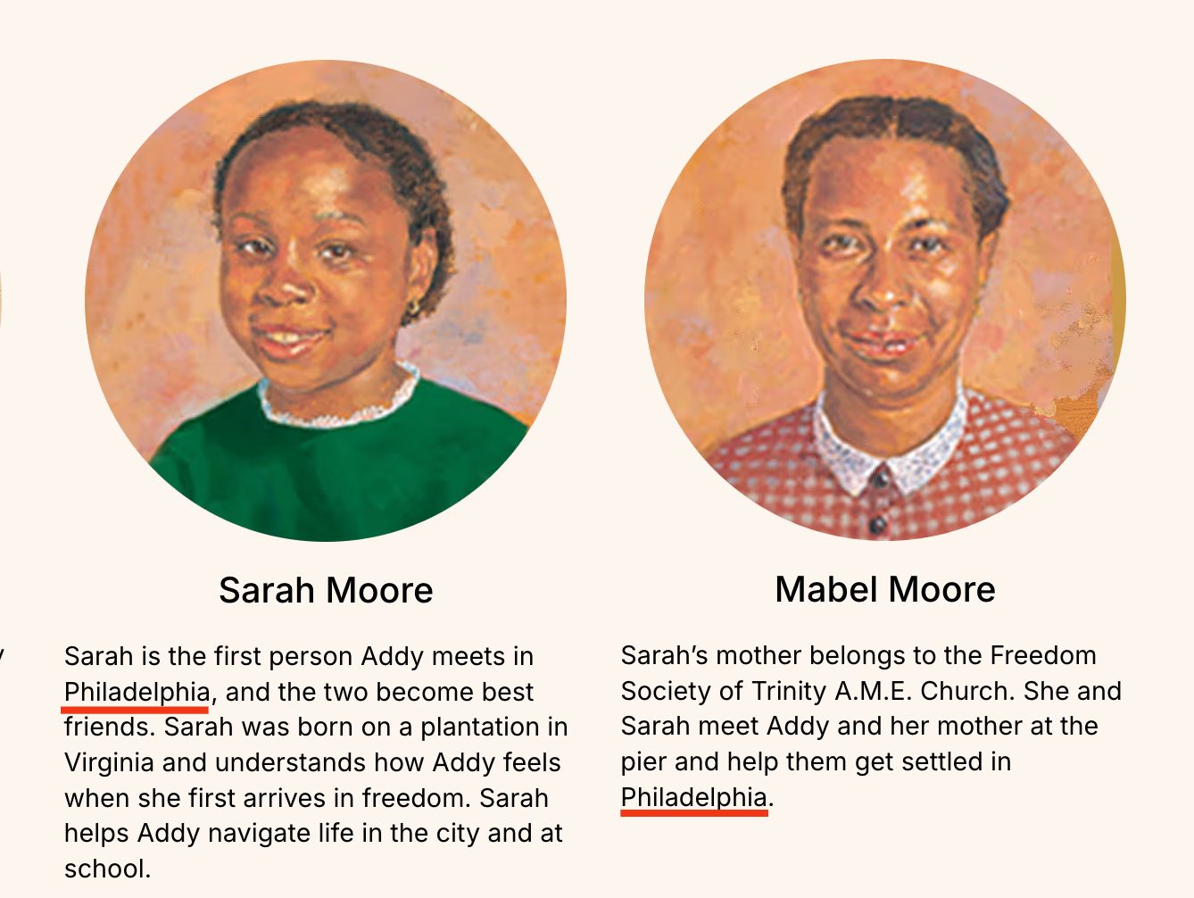 Characters based in PHiladelphia from the Addy' book collection. Courtesy https://www.americangirl.com/pages/addy-walker