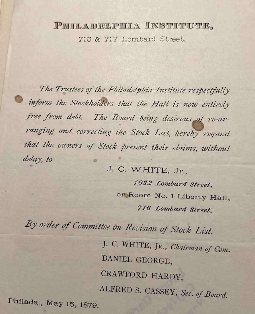 Debt Paid notice from the Philadelphia Institute, Leon Gardiner Collection, Box 2G. Courtesy Historical Society of Pennsylvania.