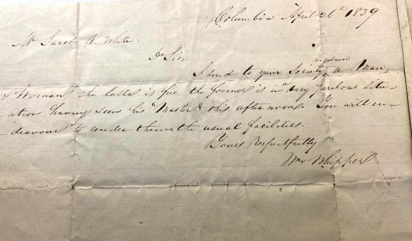 Note from William Whipper to Jacob C. White, Courtsey Leon Gardiner Collection, Historical Society of Pennsylvania