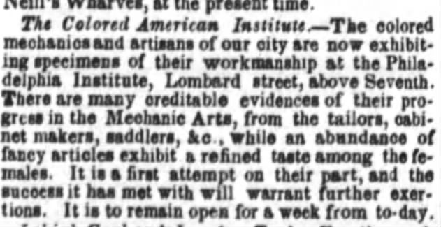 April 10, 1851 Public Ledger Article on the 'Colored American Institute' Fair. Courtesy newspapers.com