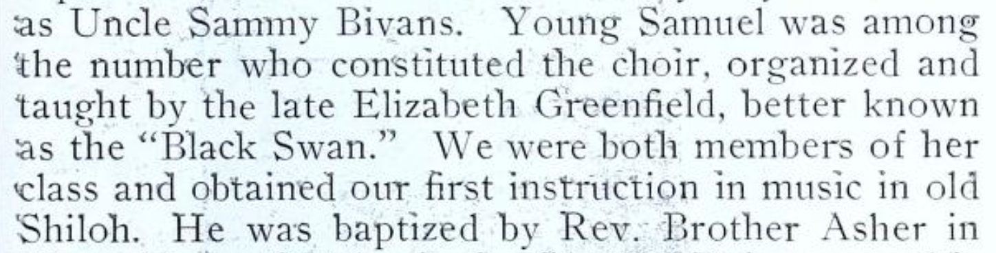Excerpt from The Rise and Progress of Shiloh Baptist, indicating music instruction from Elizabeth Taylor Greenfield. Page 277.