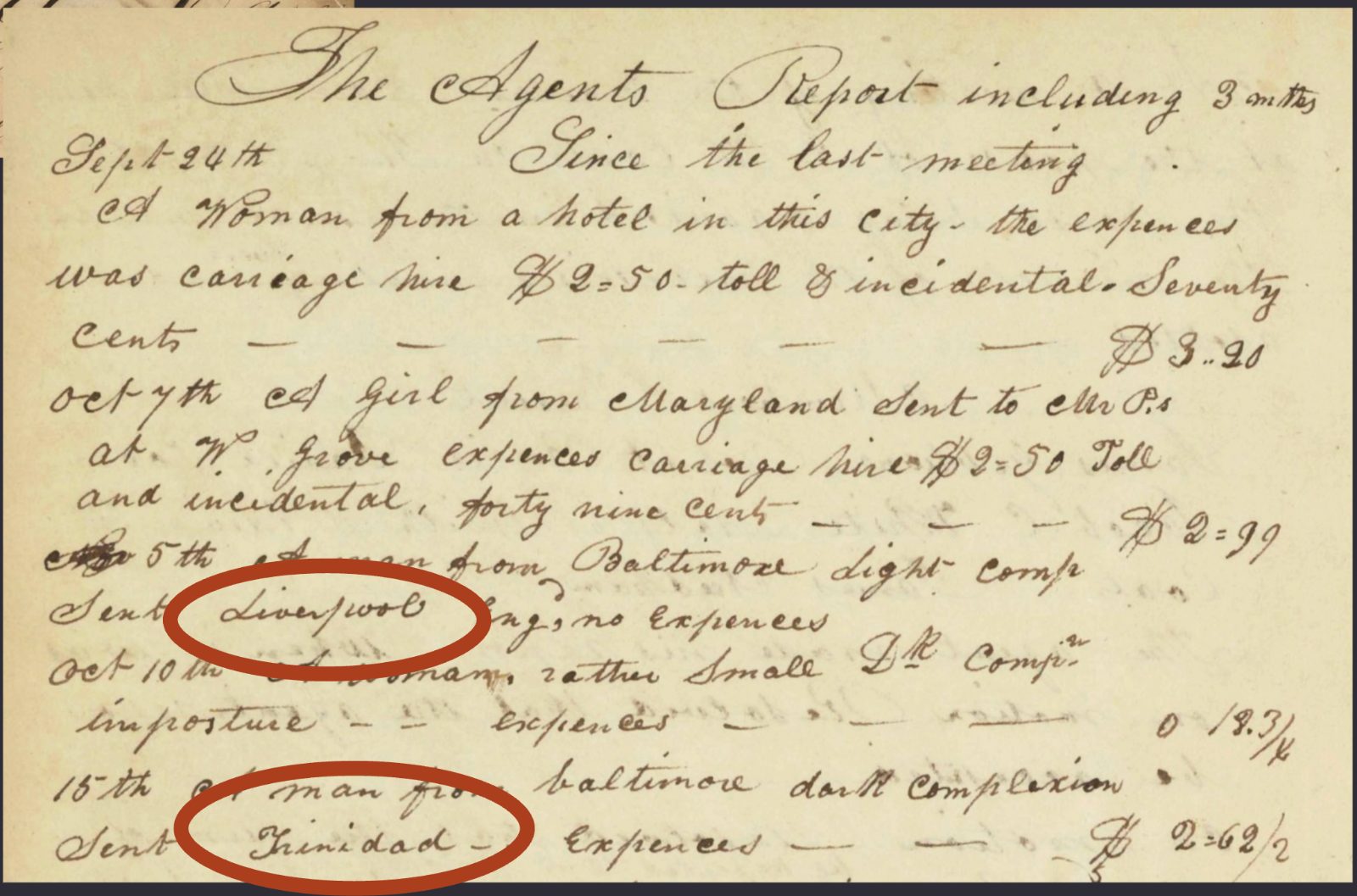 Notes from the 1838 Vigilance Committee noting transportation of Freedom Seekers to Liverpool and Trinidad. Courtesy Historical Society of Pennsylvania