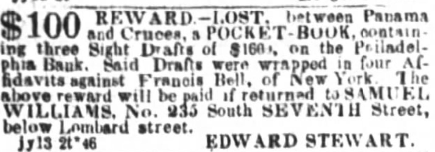 "Lost Pocket Book to Return to Samuel Williams." Public Ledger, 14 July 1853. Newspapers.com, www.newspapers.com/article/public-ledger-lost-pocket-book-to-return/194483386/.