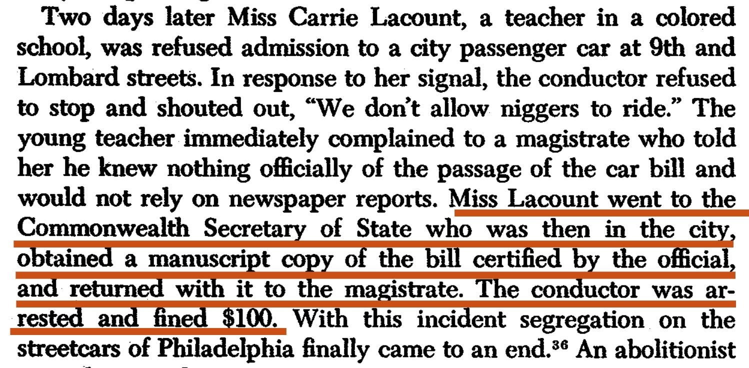Excerpt from Phil Foner - The Battle to End Discrimination Against Negroes on Philadelphia Streetcars: (Part II) The Victory (see sources below)
