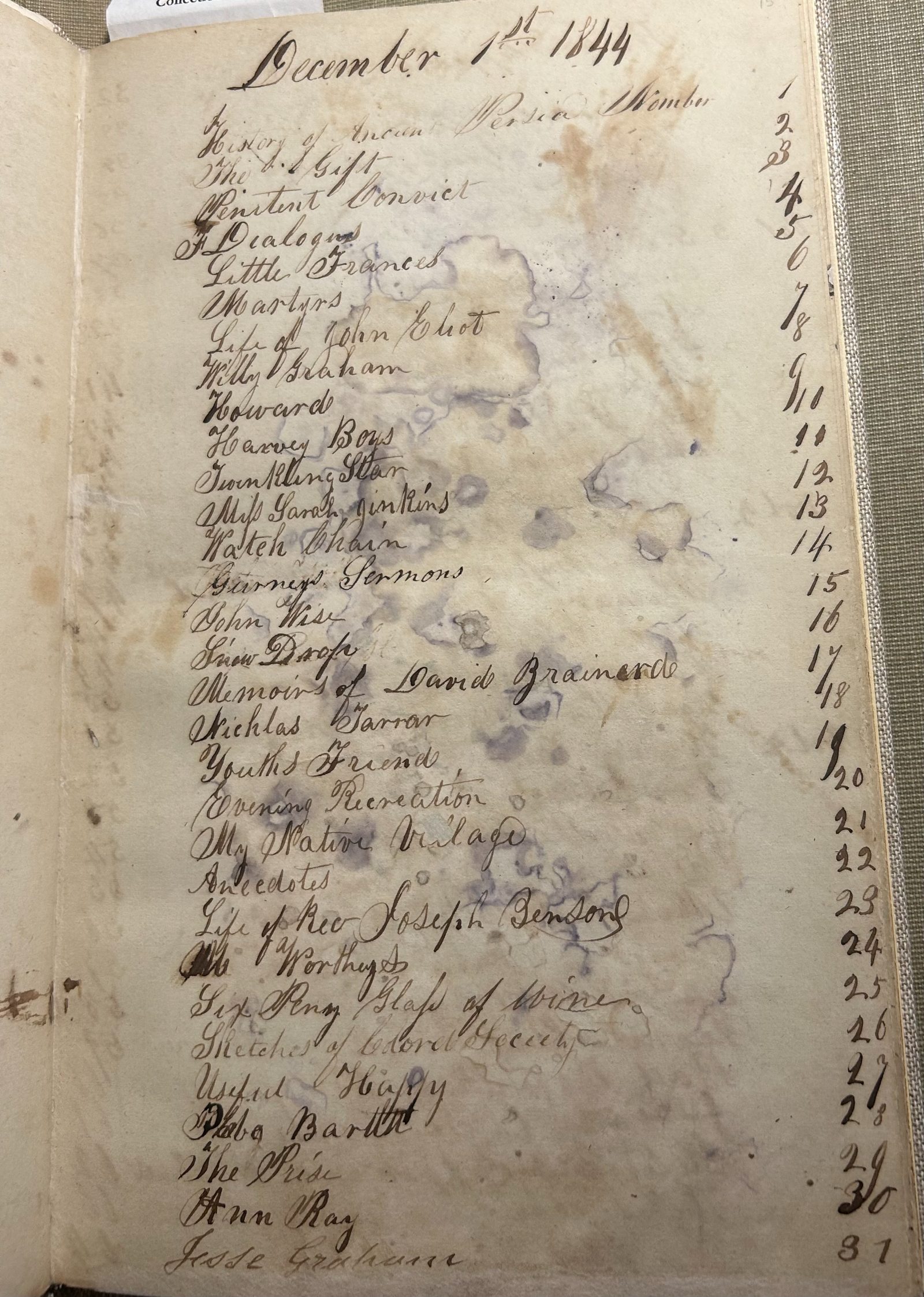 Books loaned out by the Zoar Sabbath School to neighborhood children in 1844. Courtesy the Leon Gardiner Collection, Historical Society of Pennsylvania