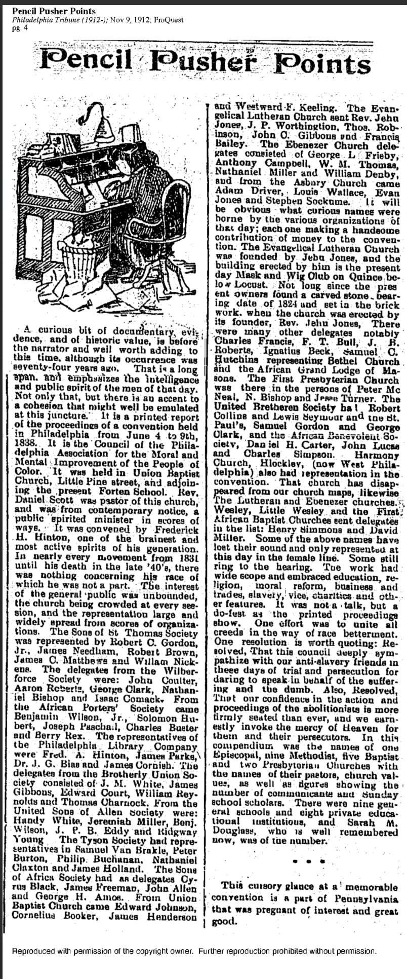 Details of the little known 1838 AMMI Conference held at Union Baptist. American Nego Historical Society member William Carl Bolivar ("Pencil Pusher') was reading from the documented proceedings of that convention, courtesy Proquest. .