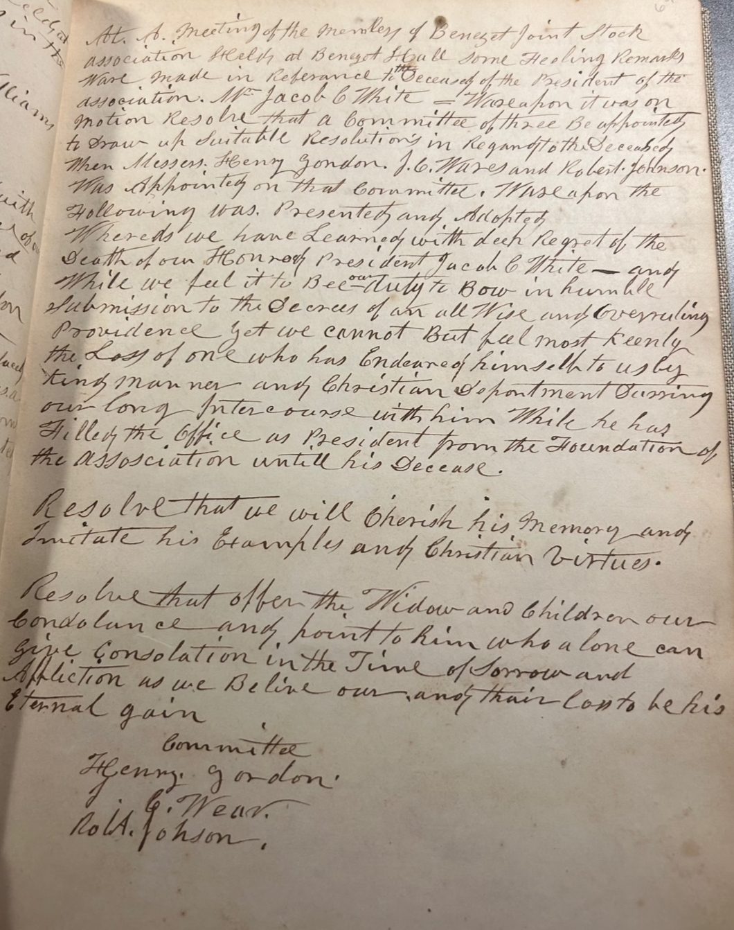 Entry from the Benezet Joint Stock Association Minute Book, lamenting the loss of Jacob C. White, Sr., President of the Association. Courtesy of the Historical Society of Pennsylvania.