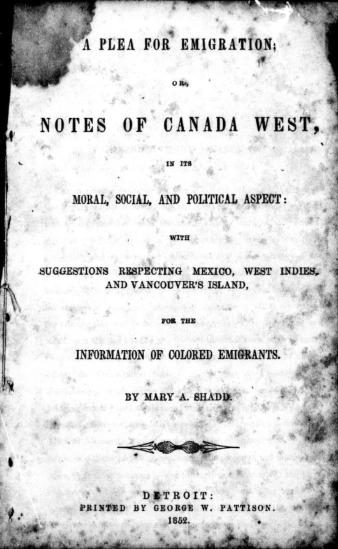 Title page of Mary Ann Shadd's pamphlet urging a move to Canada. Courtesy Internet Archive.