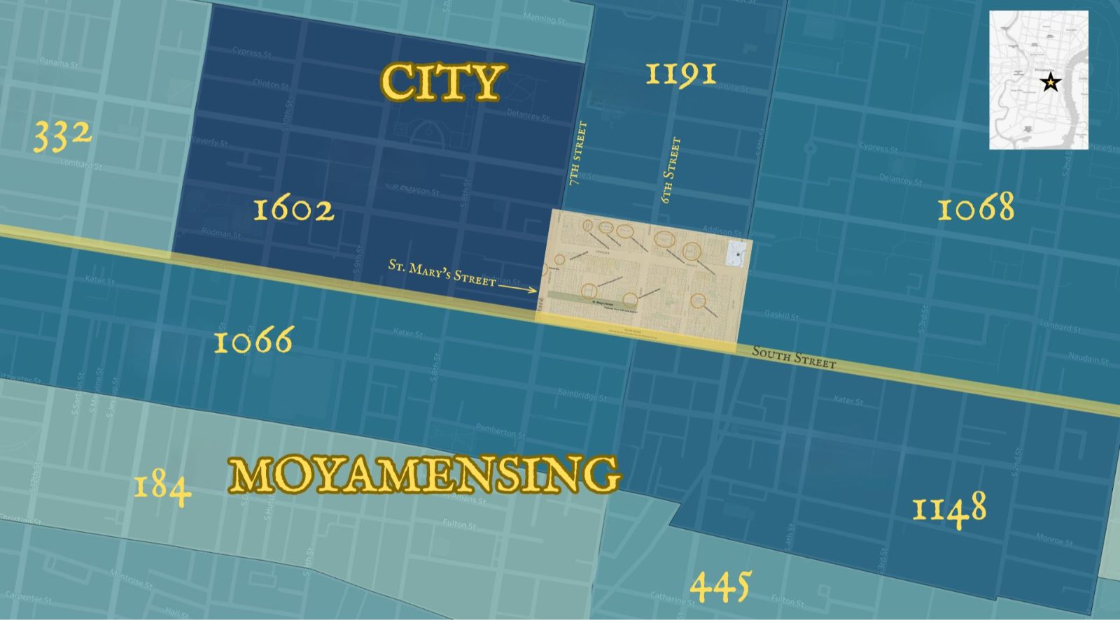 Visualization of the Black Metropolis city center and the South street border. Numbers indicate the Black population in 1838 juxtaposed on modern census tracks.