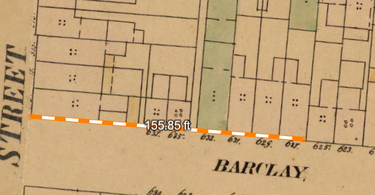 The Needham house was 155 feet east from seventh. 25 Elizabeth became 625 Barclay. From Deed GS 6 220, James Needham Grantee.