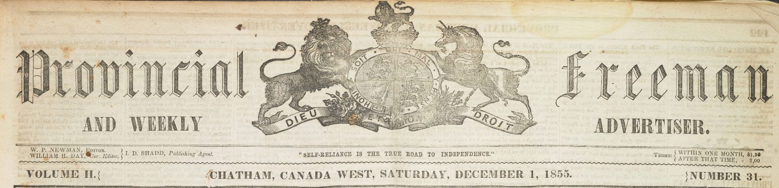 Header of the Provincial Freeman with the motto "Self-reliance is the true road to independence". Image courtesy https://news.ourontario.ca/abolition