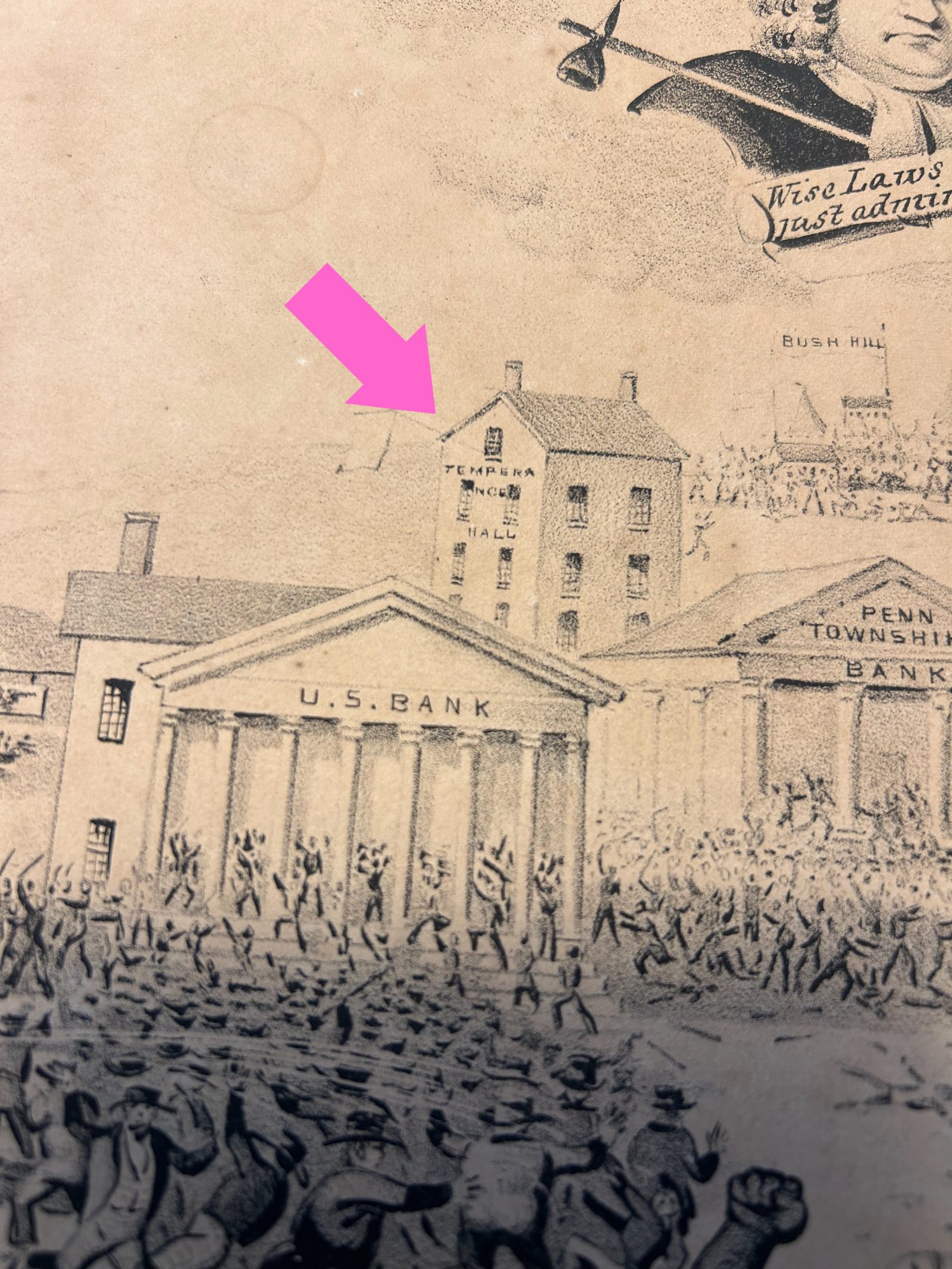 Temperance Hall is noted in an 1842 Political Cartoon making visible the effects of racialized mob violence in Philadelphia. Note the mobs in the streets. Courtesy Historical Society of Pennsylvania