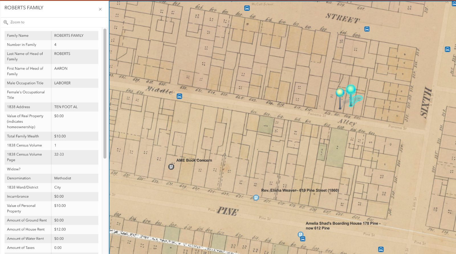 Map showing where Aaron Roberts may have lived in 1838.