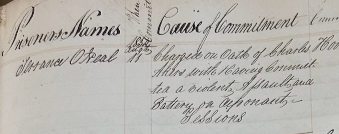 The 1834 Record of Charles Akers Charging Terrance O'Neal with Destroying his house. Courtesy Prisoners for Trial records, Philadelphia City Archive