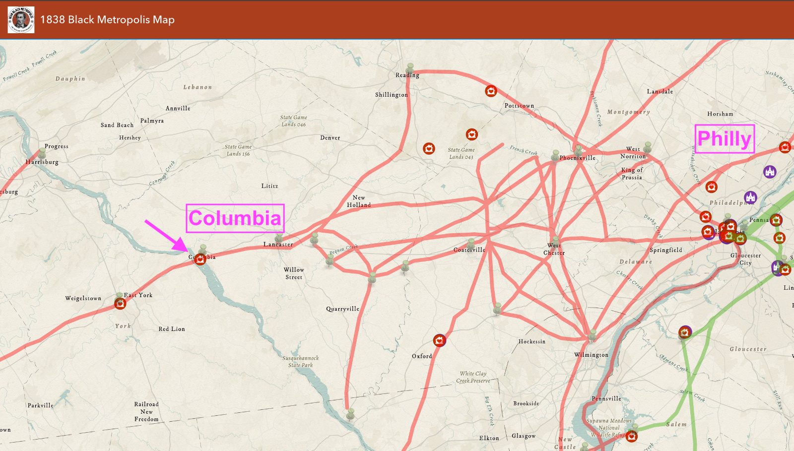 From our interactive map with the UGRR Routes layer turned on. See the map https://www.1838blackmetropolis.com/map