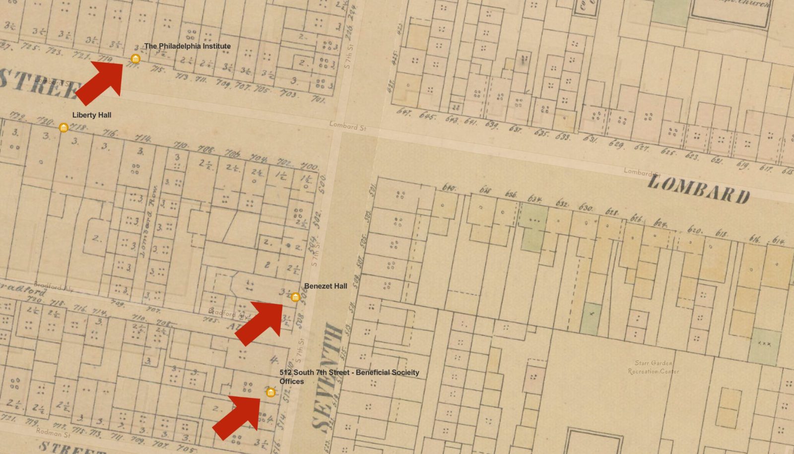 Map showing the locations of the Halls near 7th and Lombard