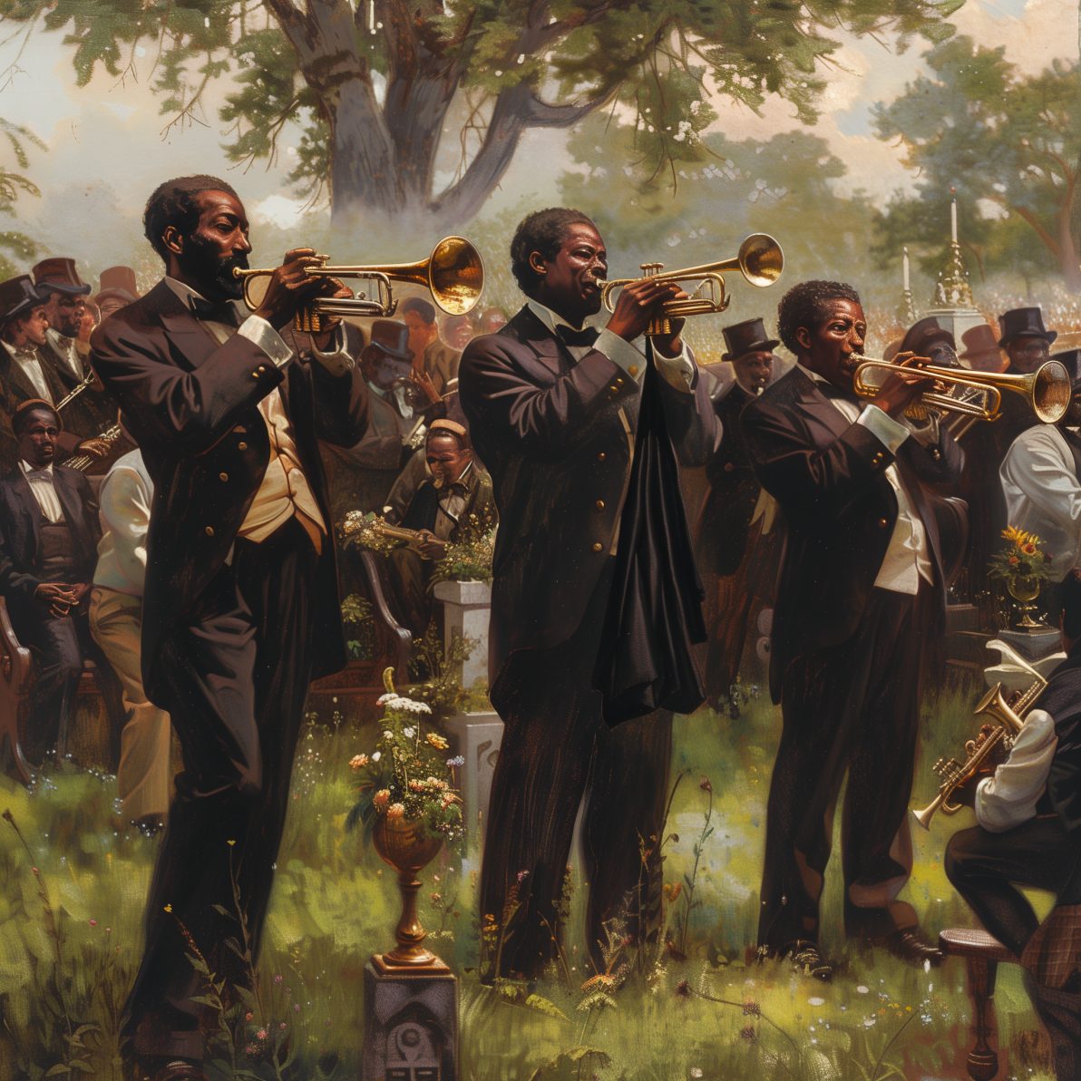 AI Re-imagining of musicians playing over Frank Johnson's grave