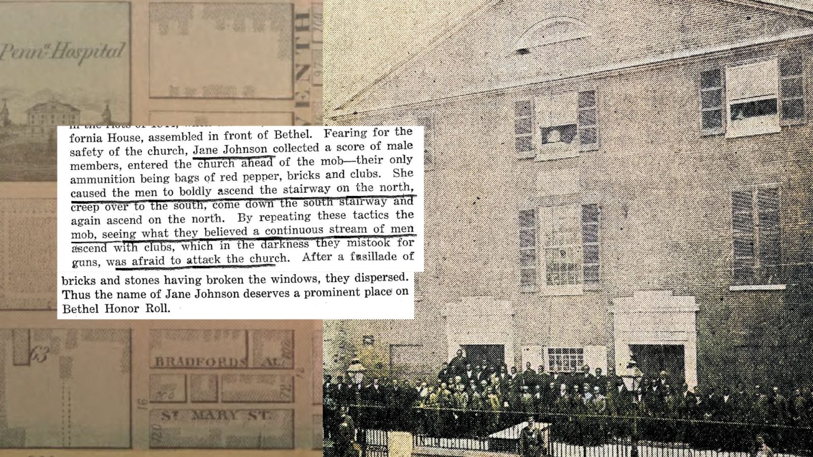 Mother Bethel's third building. Jane Johnson leveraged low light against large windows to convince the mob that Bethel was heavily armed. Source:Centennial Historical Souvenir of "Mother" Bethel A.M.E. Church, Philadelphia, Pa. by R. R. Wright