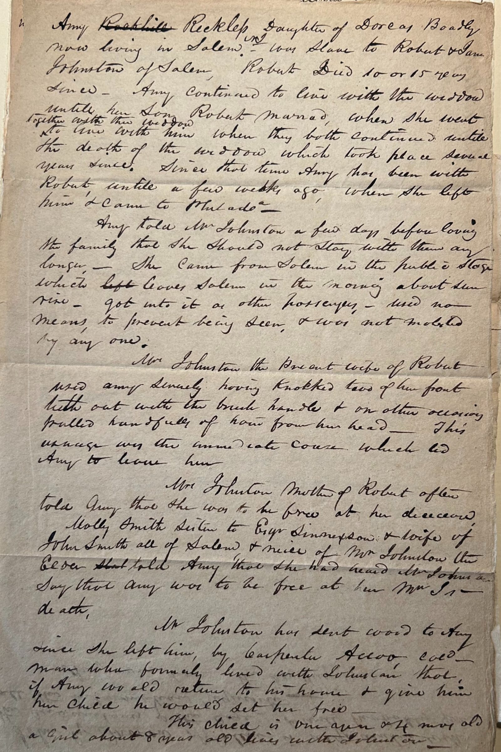 Case of Amy Reckless from the Pennsylvania Abolition Society Papers, Courtesy HIstorical Society of Pennsylvania.