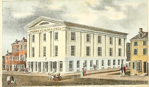 J.C. Wild's lithograph of Pennsylvania Hall. It was destroyed the week it opened by white supremacist mobs. Courtesy Library Company of Philadelphia.