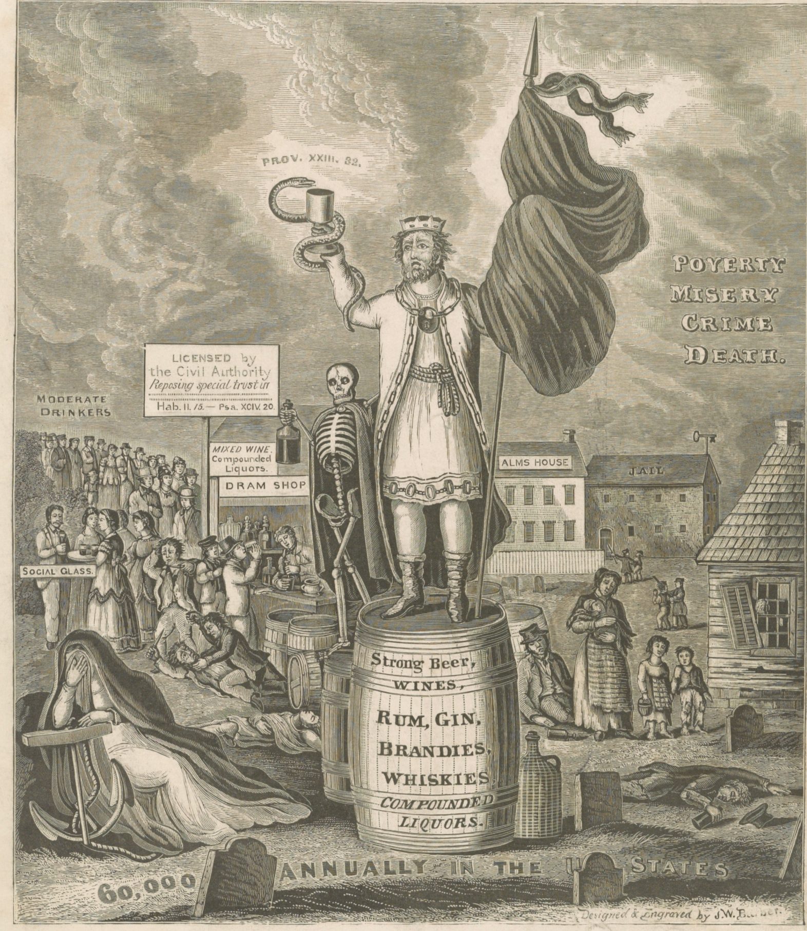 In this 1872 drawing "King Alcohol" is associated with "poverty, misery, crime and death" By Barber, John Warner, 1798-1885, engraver, Public domain, via Wikimedia Commons