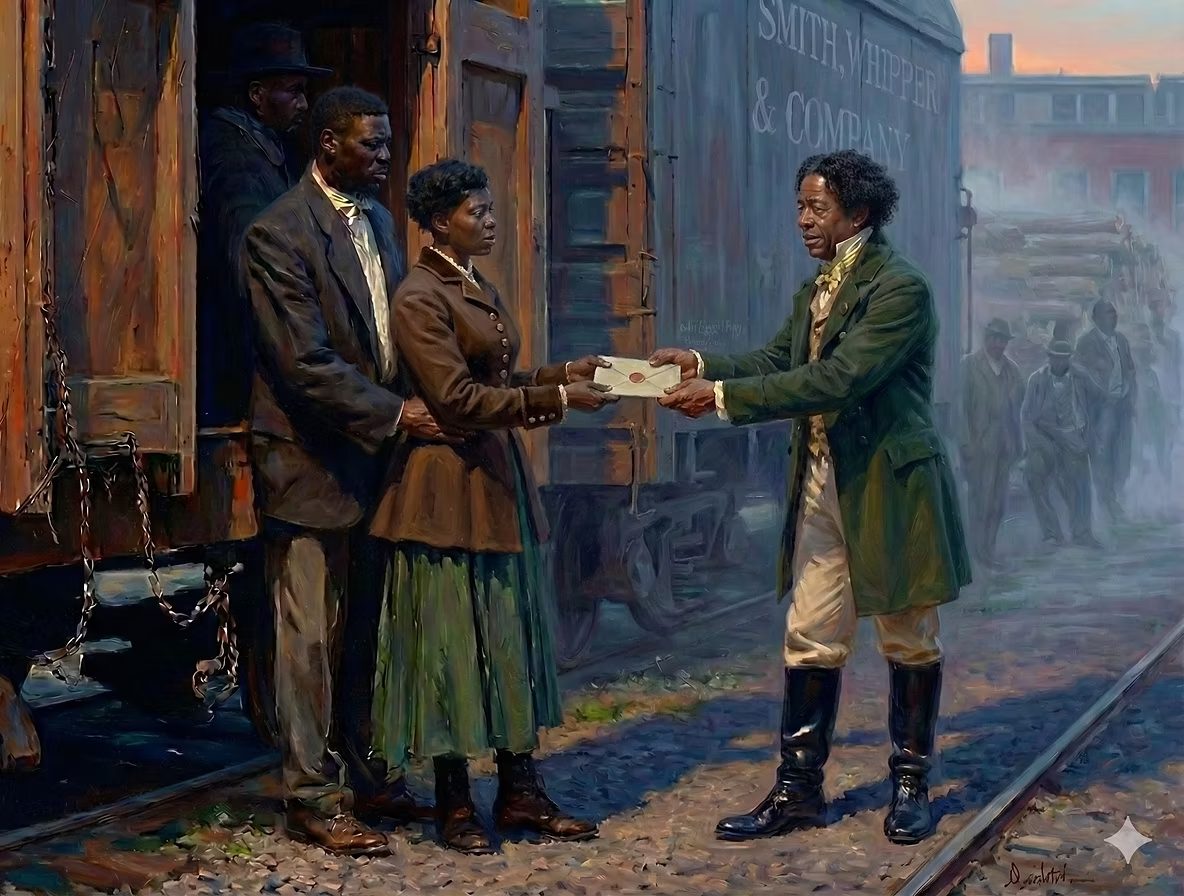 AI recreation of the ABOVE GROUND Underground Railroad. William Whipper helps a couple to freedom by providing transportation from Columbia, PA to Philadelphia, PA on railcars that he owned with Stephen Smith.