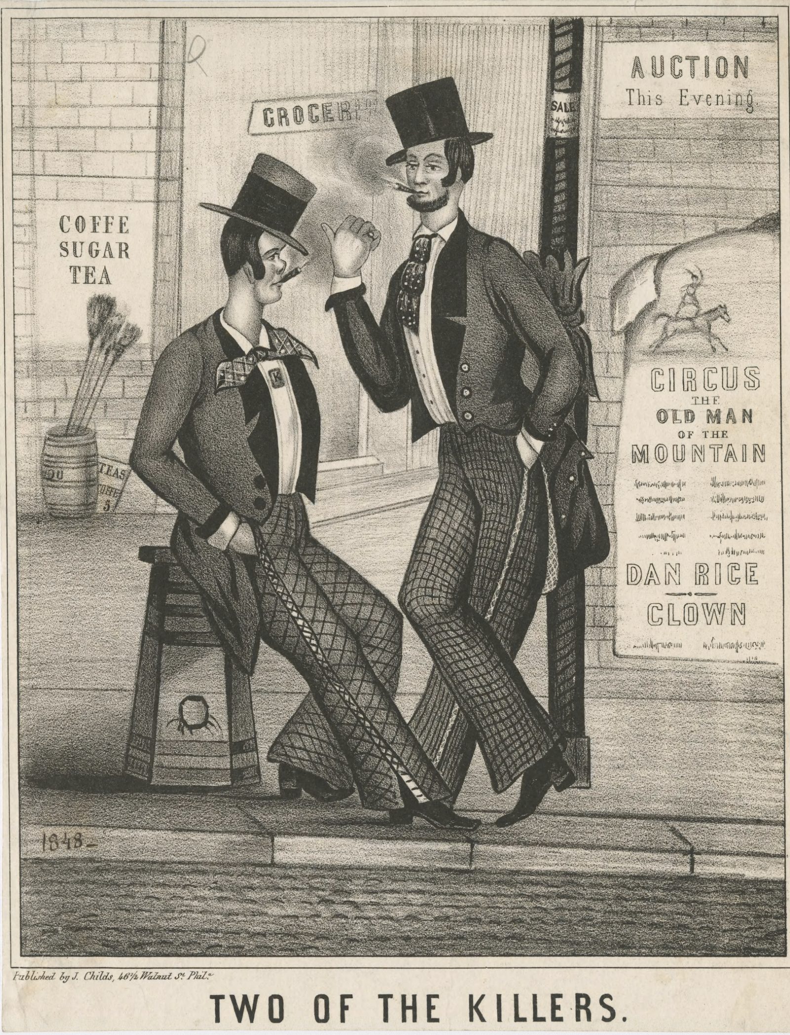 Lithograph of two Killers on the street in 1848. Courtesy Library Company of Philadlephia.