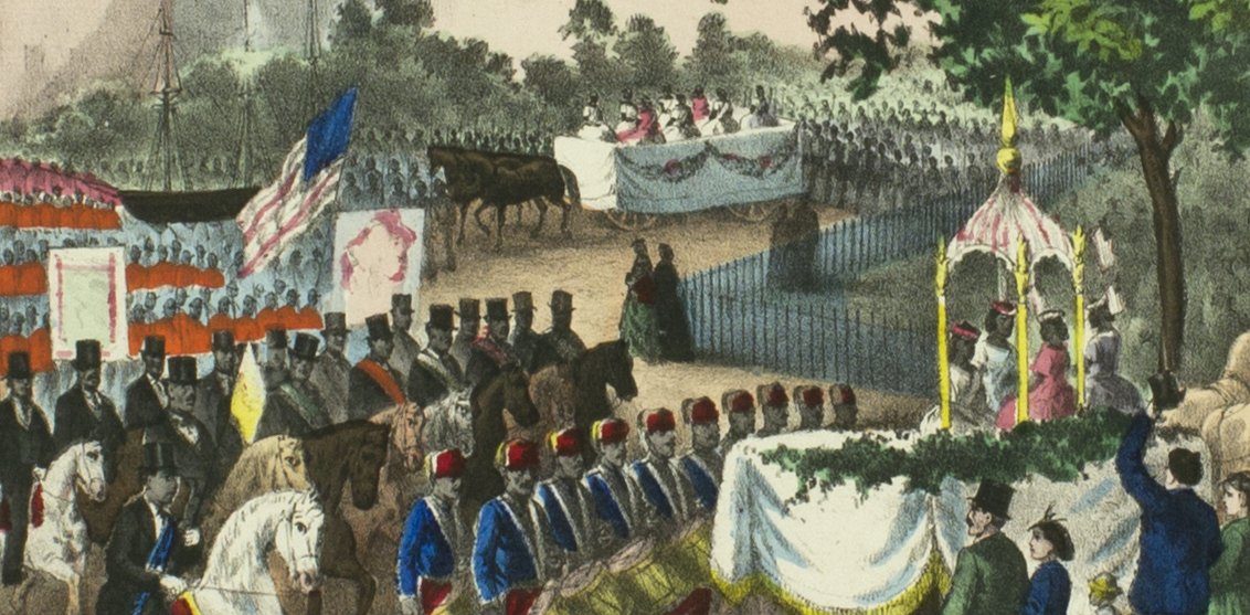 Close up of a lithograph of the national 15th amendment celebration in May, 1870. The May parade was very similar to the April, 1870 parade. Courtesy, Library Company of Philadelphia.