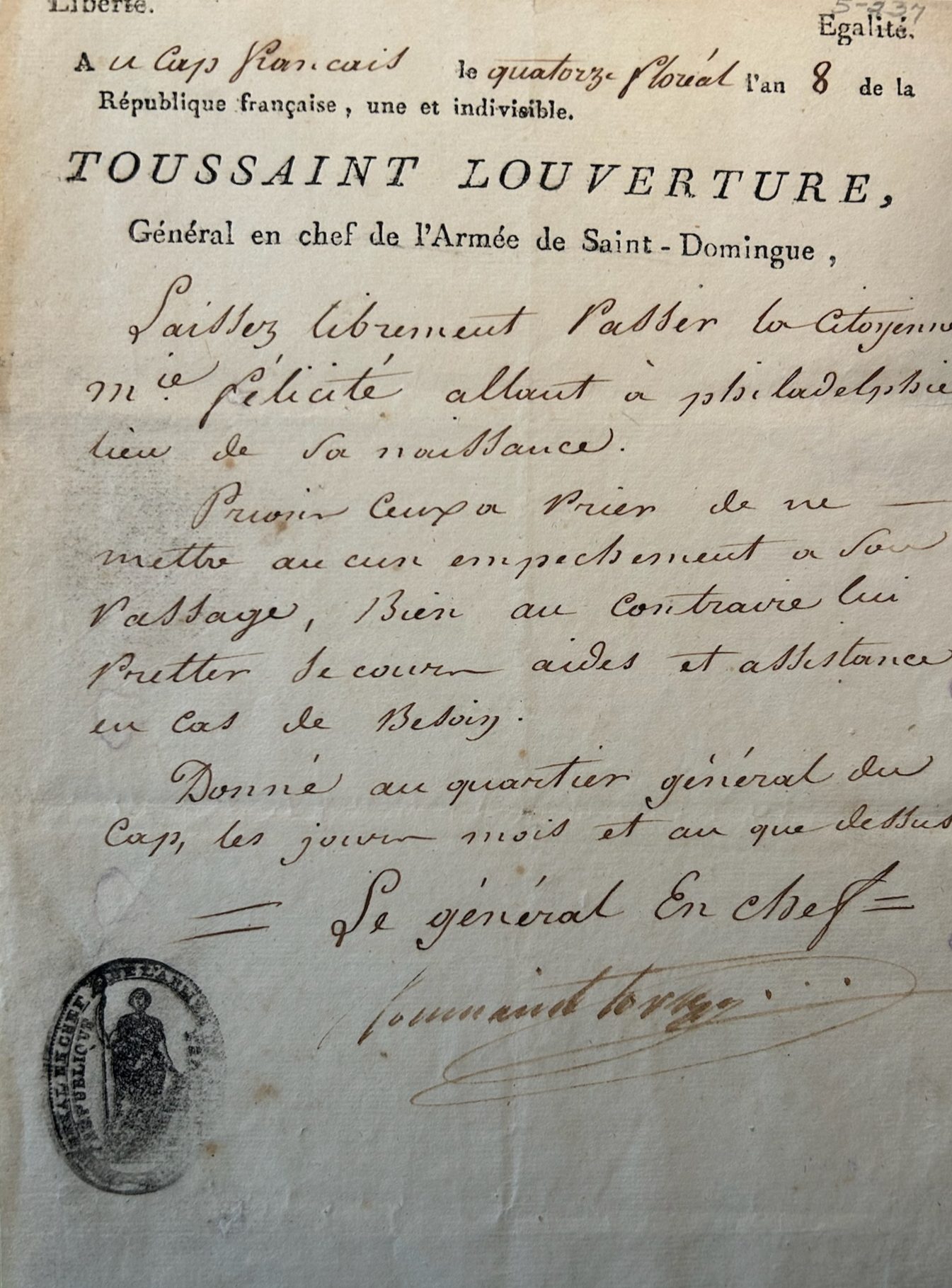 Letter of Passage from Toussaint L'Overture in the Pennsylvania Abolition Society Papers, Courtesy The Historical Society of Pennsylvania