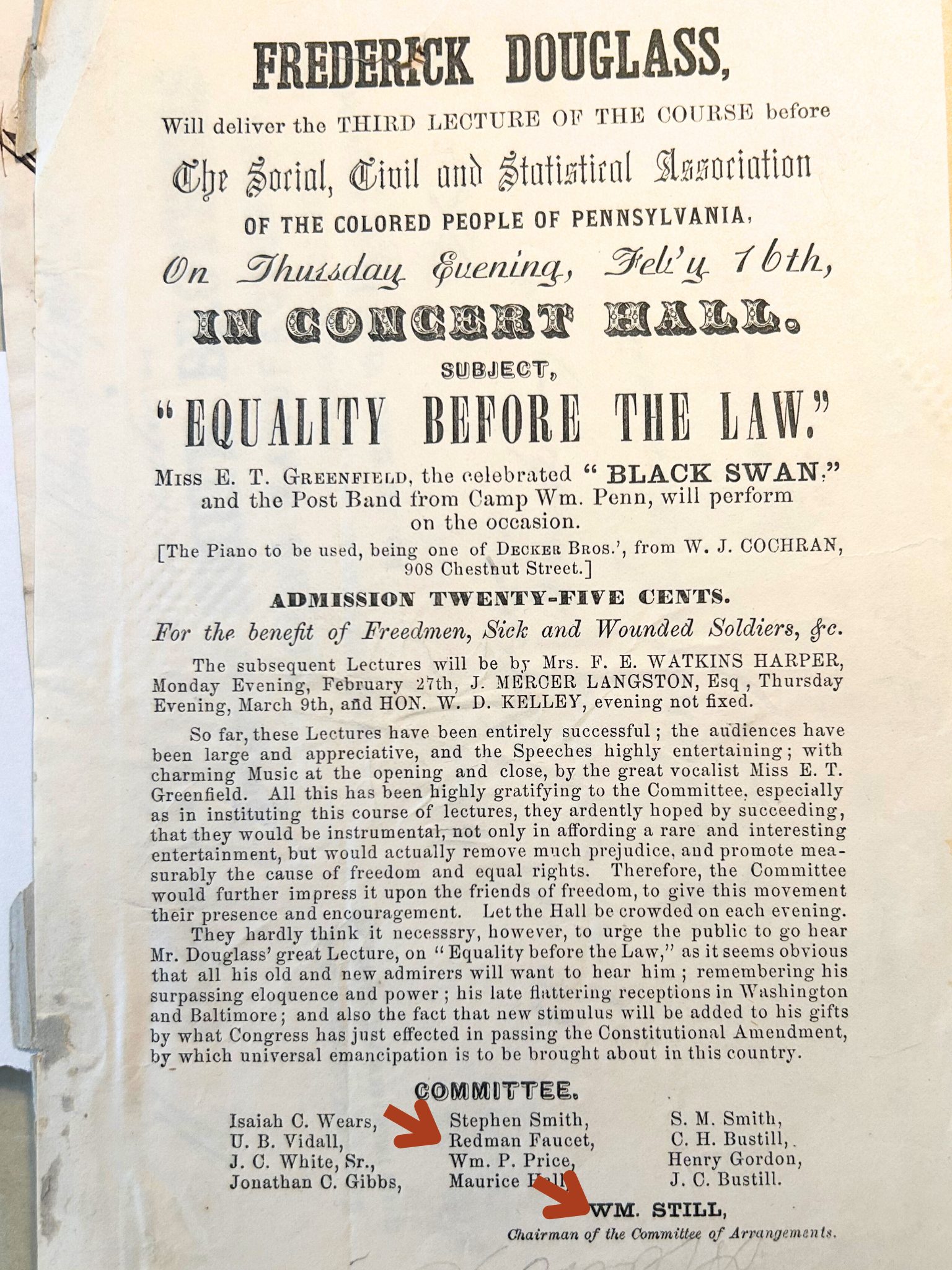 Here we see that Redman Faucet and William Still are working together to bring Frederick Douglass to town. From the Leon Gardiner Collection, Courtesy Historical Society of Pennsylvania.
