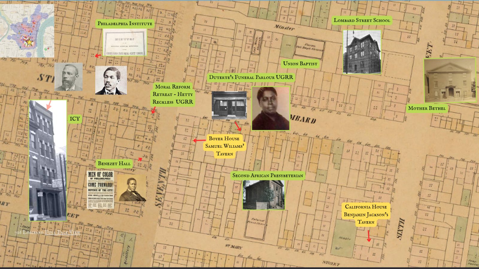 The 7th and Lombard neighborhood - sites of attack are in yellow.
