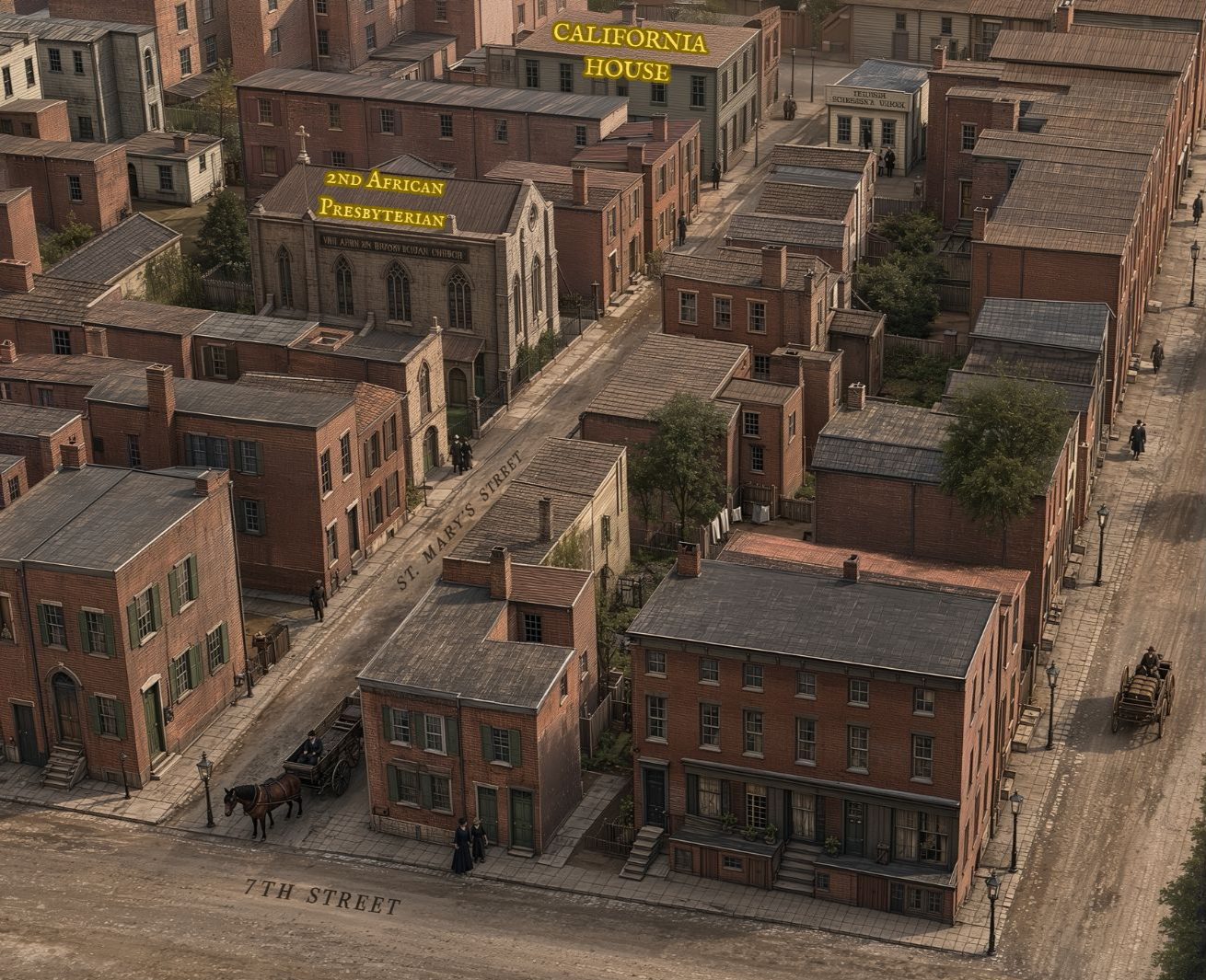 What St. Mary's probably looked like in 1849. Recreation of California House from the 1860 Hexamer and Locher Insurance Map.