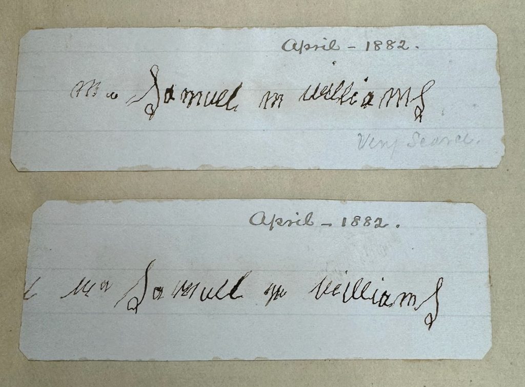 Samuel Williams' autograph from the file in the Dorsey Collection.