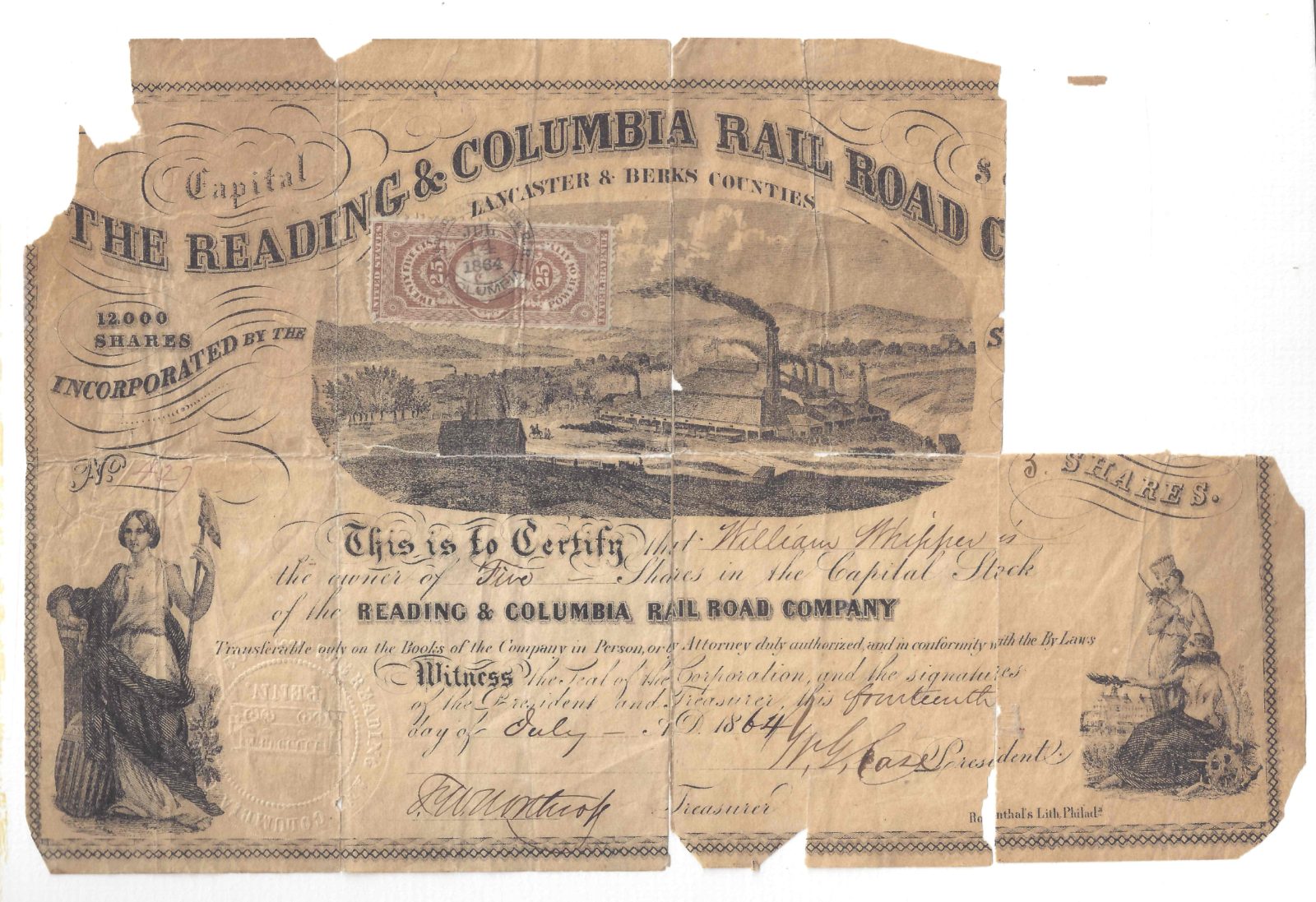 Reading & Columbia Railroad Stock Certificate, Courtesy Chatham Kent Black Historical Society and Black Mecca Museum, Chatham Kent, Ontario