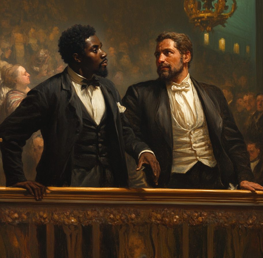 AI Image of John Vashon and Louis Woodson on January 20, 1838 at Musical Fund Hall.