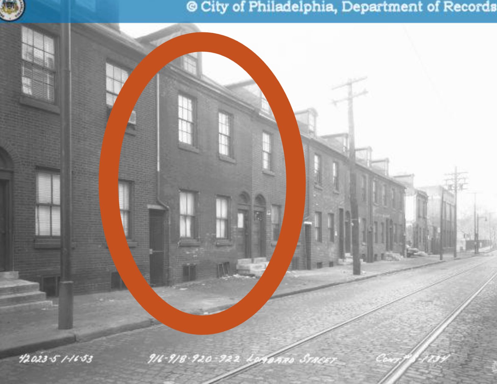 1953 Photo of 918 Lombard Street, Robert Purvis' Home and HQ of the Vigilance Committee, courtesy phillyhistory.org