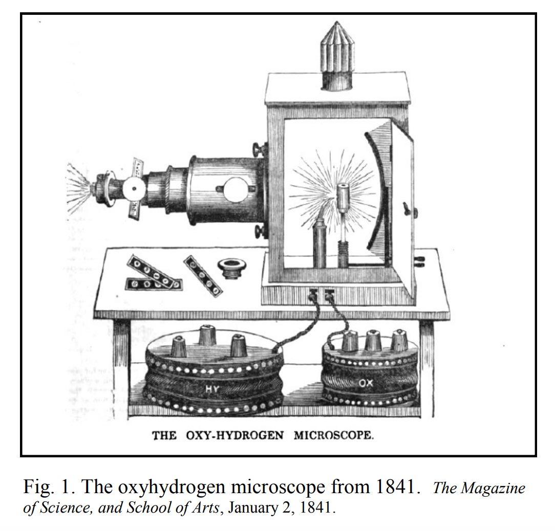 More of a projector than a microscope, the oxyhydrogen microscope was popular in the mid 19th Century. See Wells in sources