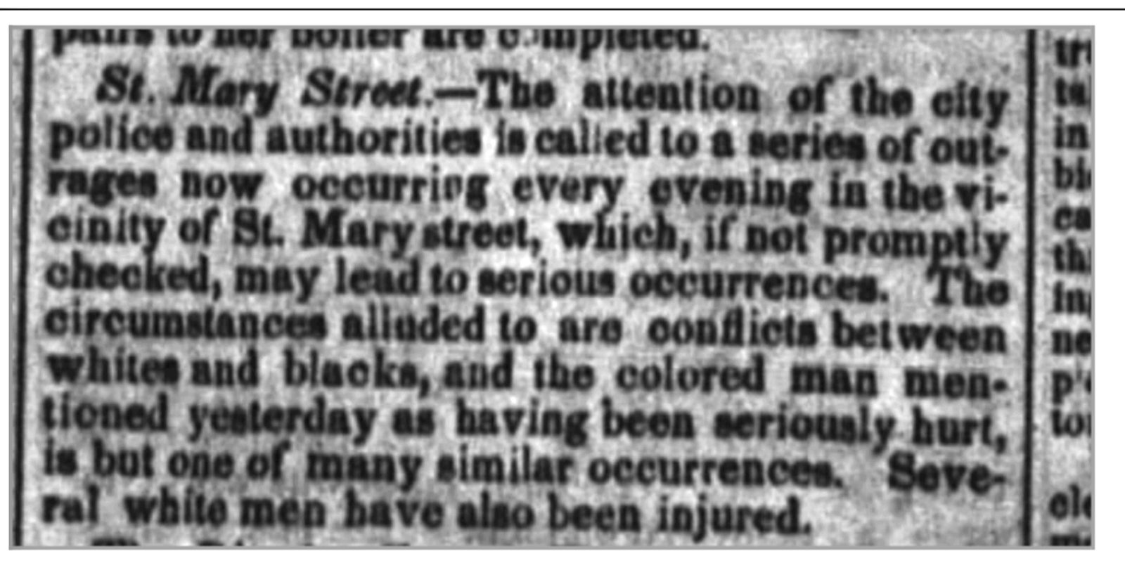 Citizens of St. Mary's street call authorities to act to prevent further violence. Public Ledger, Sept 1, 1846