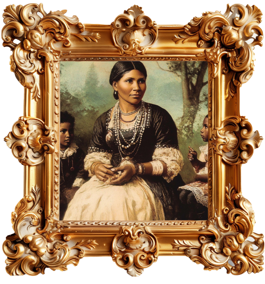 AI Reimagining of Dinah Nevil, a Lenni-Lenape woman, and her Afro-Indigenous children Bontury and Jane