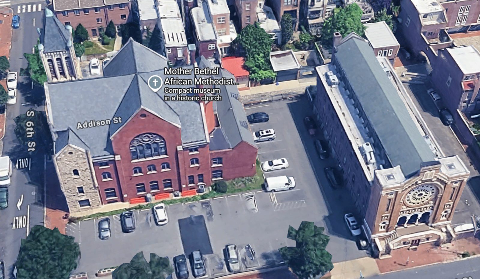 Brick Wesley is still standing - this meeting happened at the church on the right. It's now a Synagogue. Note how close it is to Mother Bethel AME on the left.